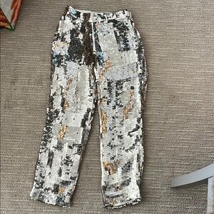 Chloe Glittering Straight Leg Pants in Silver and Brown